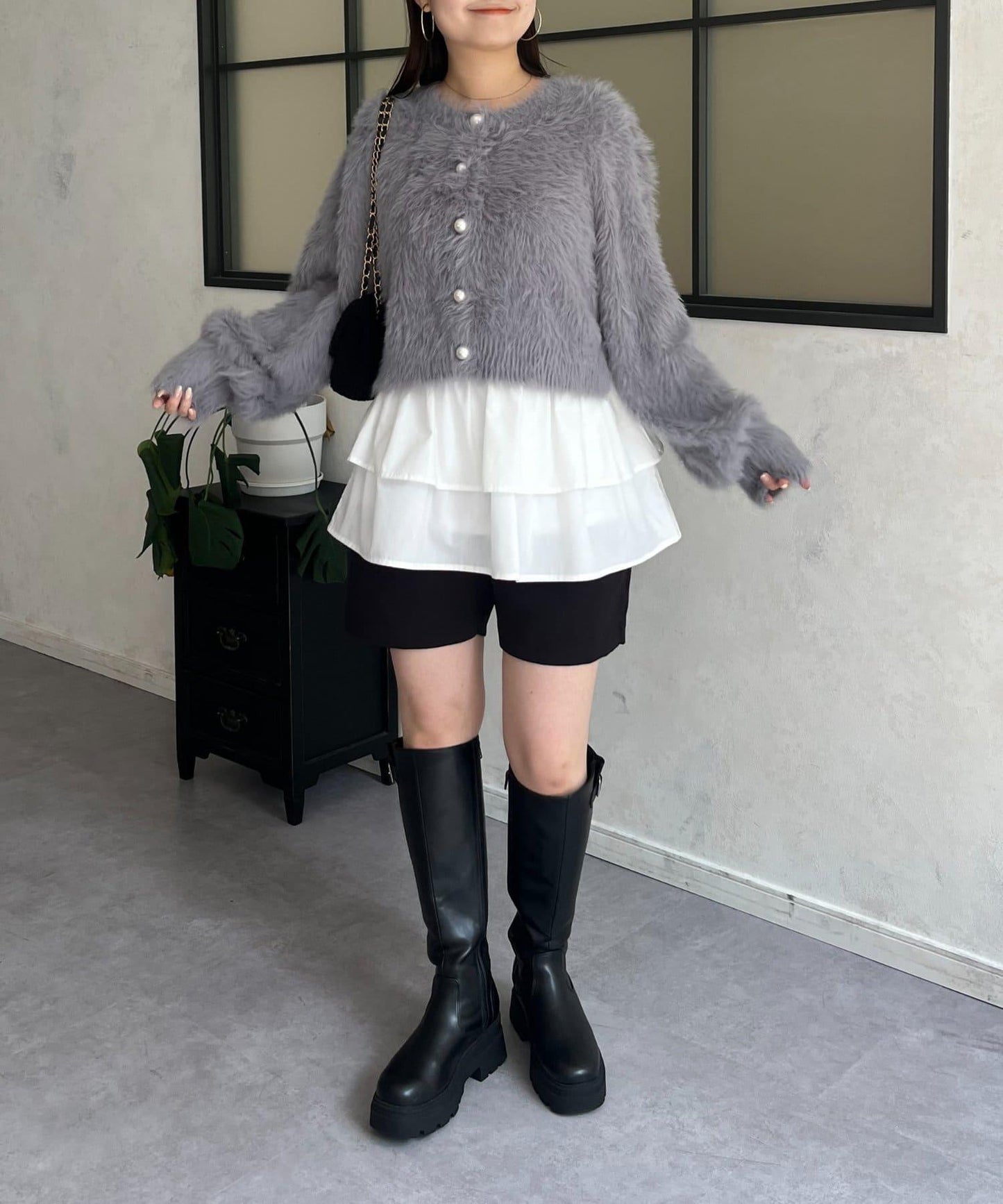 【前後兩穿】珍珠紐扣長毛針織開衫