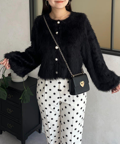 【前後兩穿】珍珠紐扣長毛針織開衫