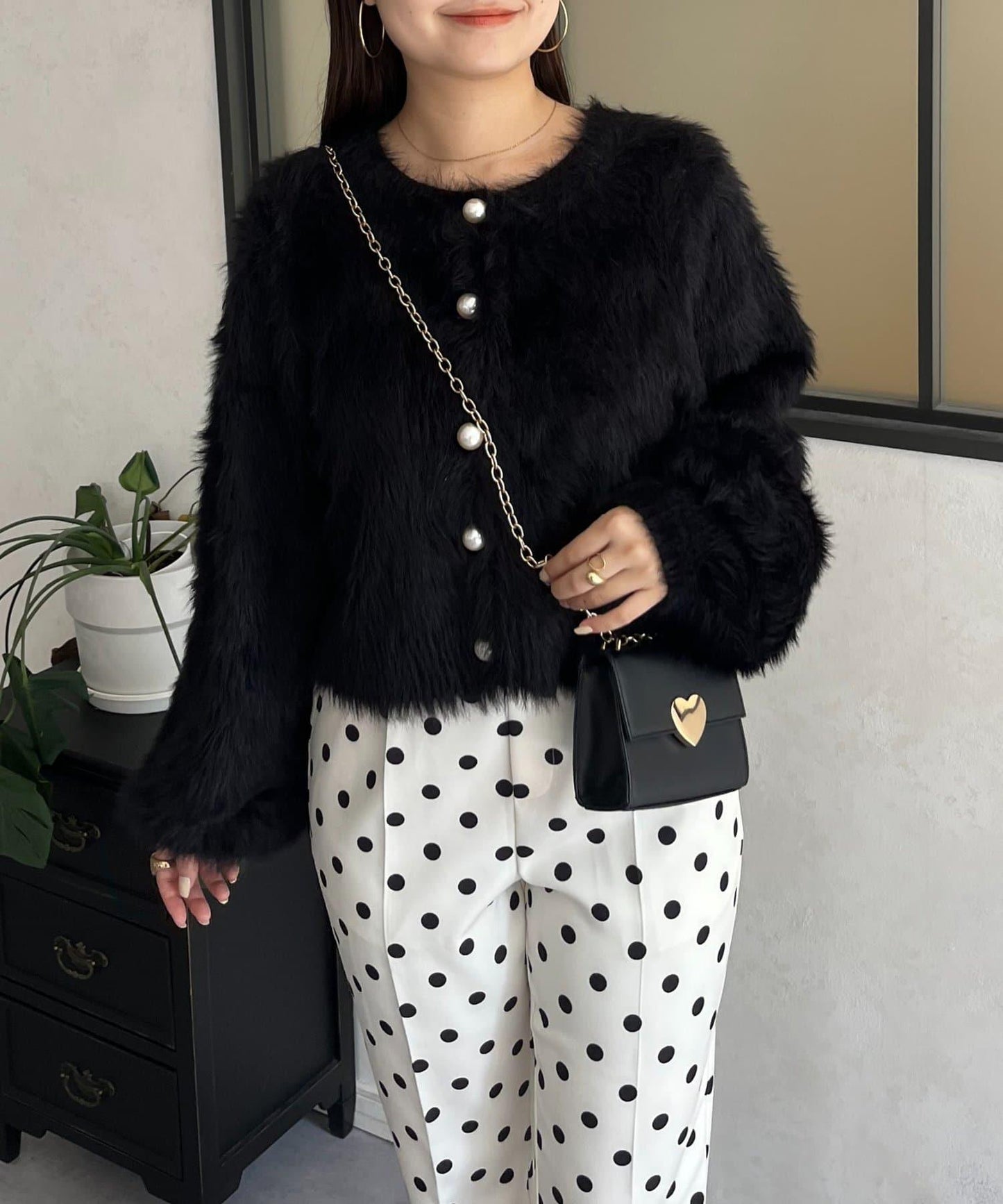 【前後兩穿】珍珠紐扣長毛針織開衫