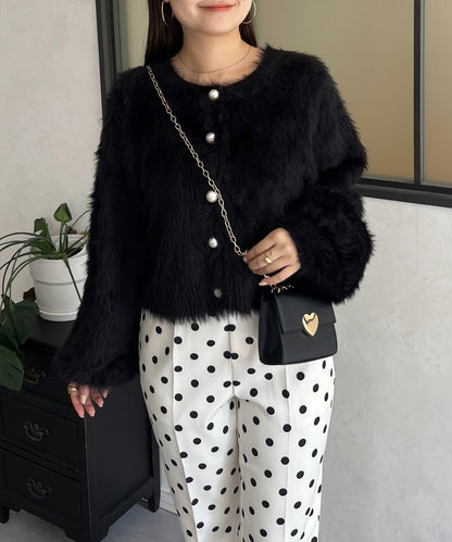 【前後兩穿】珍珠紐扣長毛針織開衫