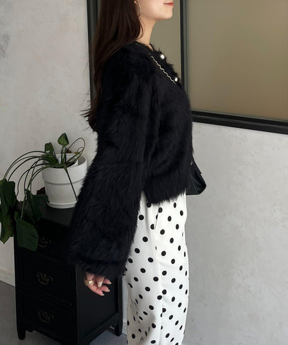 【前後兩穿】珍珠紐扣長毛針織開衫