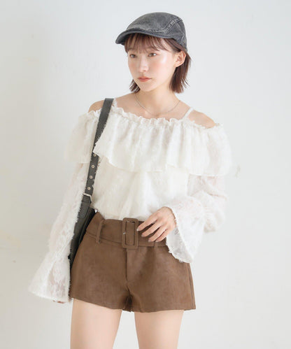 【mystic】[mline]荷葉邊一字肩襯衫