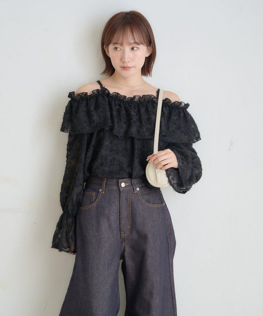 【mystic】[mline]荷葉邊一字肩襯衫