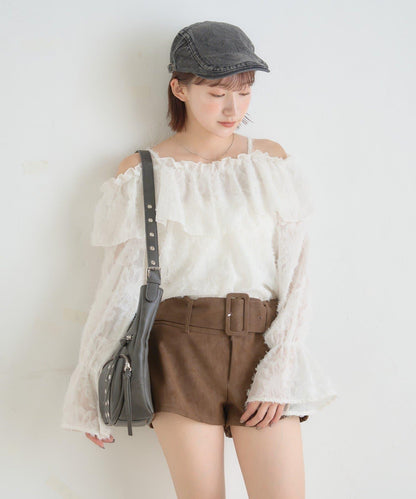【mystic】[mline]荷葉邊一字肩襯衫