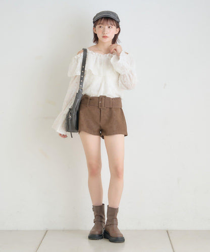 【mystic】[mline]荷葉邊一字肩襯衫