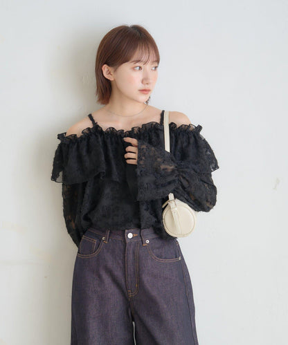 【mystic】[mline]荷葉邊一字肩襯衫