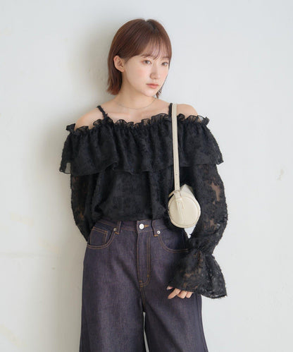 【mystic】[mline]荷葉邊一字肩襯衫