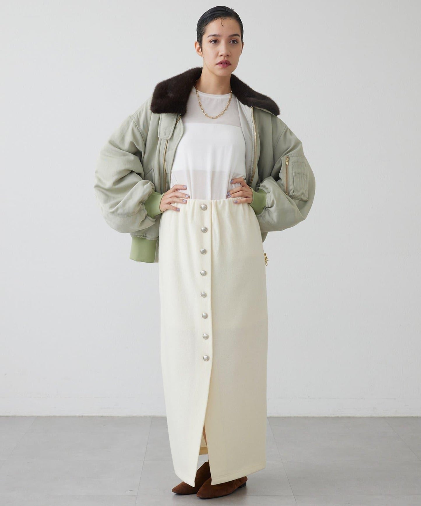 【THE PAUSE】羊毛針織紐扣半身裙