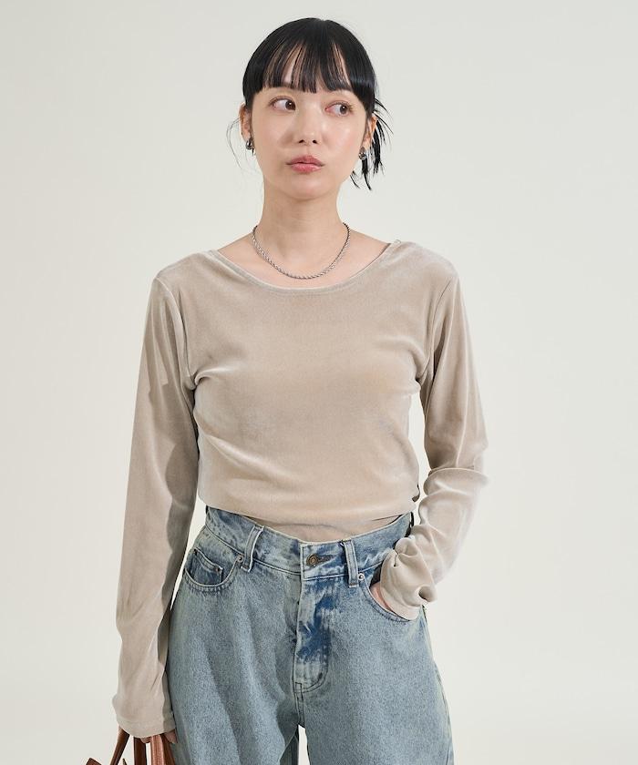 天鵝絨後背開口長袖T恤