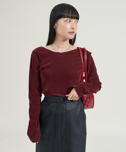 天鵝絨後背開口長袖T恤