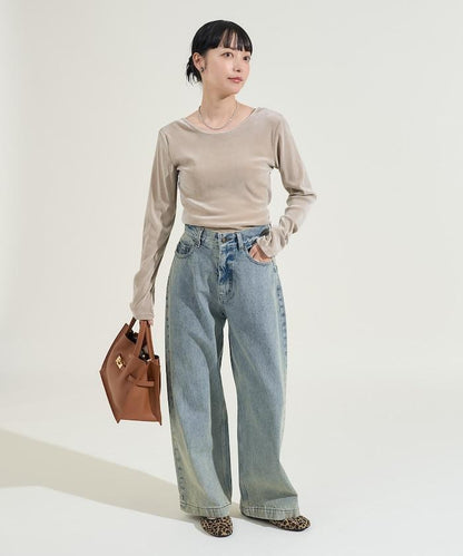 天鵝絨後背開口長袖T恤