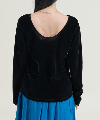 天鵝絨後背開口長袖T恤