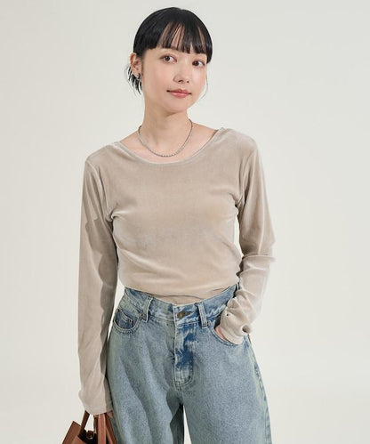 天鵝絨後背開口長袖T恤