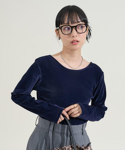 天鵝絨後背開口長袖T恤