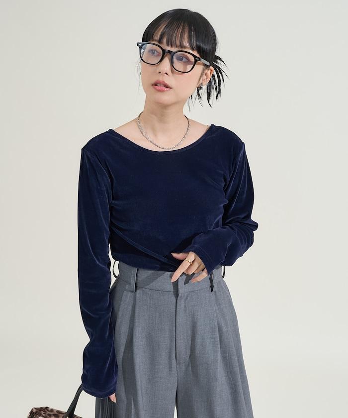 天鵝絨後背開口長袖T恤