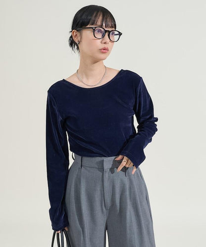 天鵝絨後背開口長袖T恤