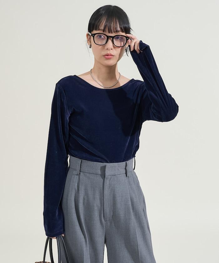 天鵝絨後背開口長袖T恤