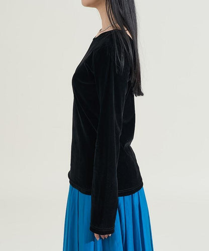 天鵝絨後背開口長袖T恤