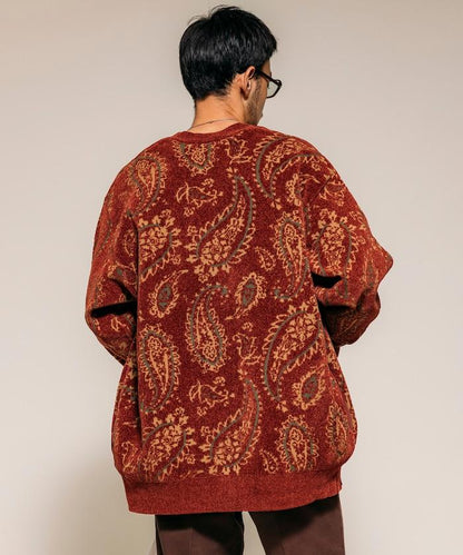 寬鬆版型佩斯利滿印花毛圈紗線針織開衫