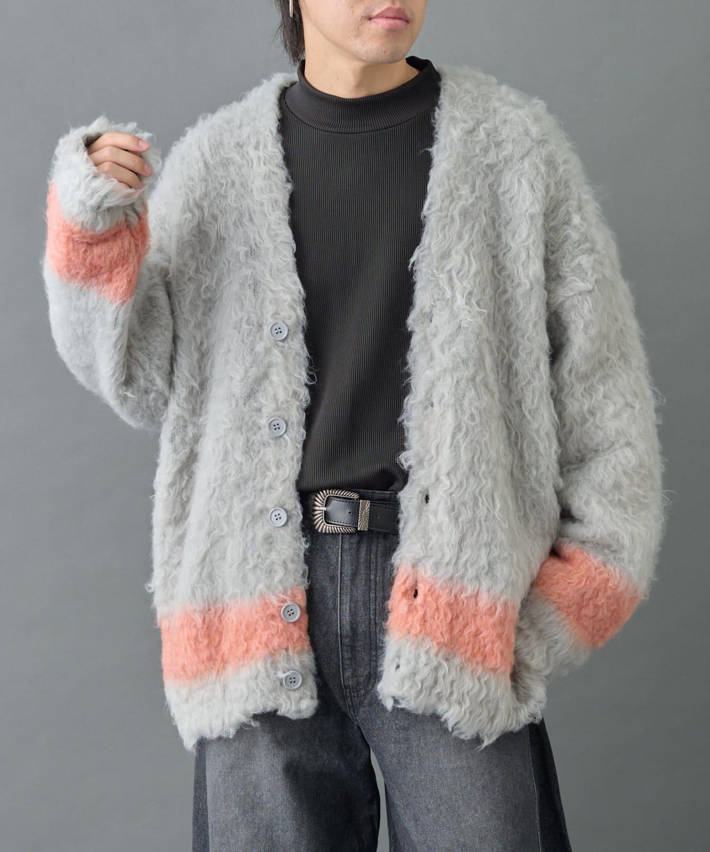 長毛馬海毛條紋開衫