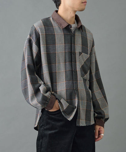 先染格子袖部褶皺寬鬆襯衫