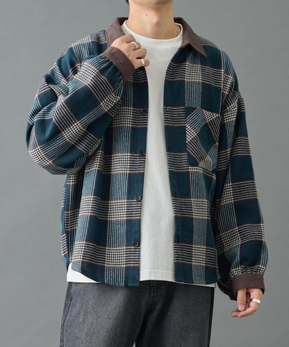 先染格子袖部褶皺寬鬆襯衫