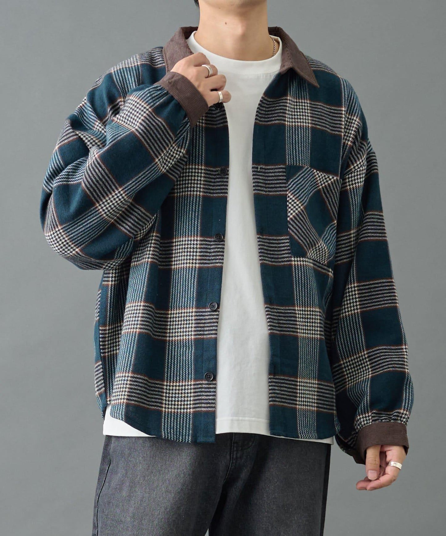 先染格子袖部褶皺寬鬆襯衫