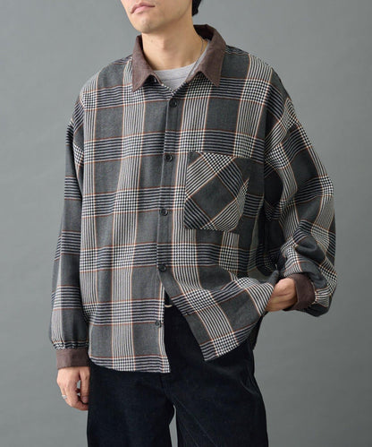 先染格子袖部褶皺寬鬆襯衫