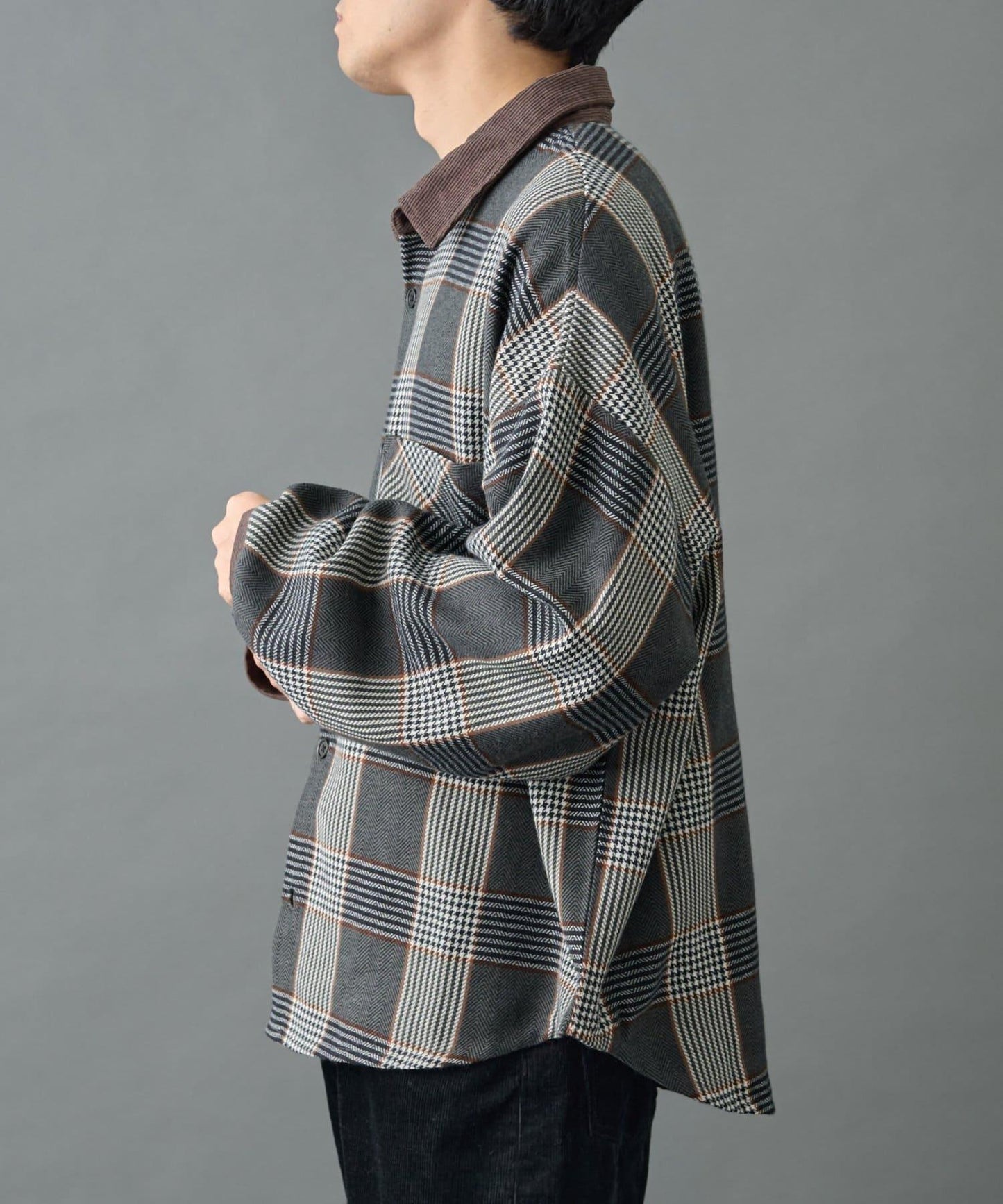 先染格子袖部褶皺寬鬆襯衫