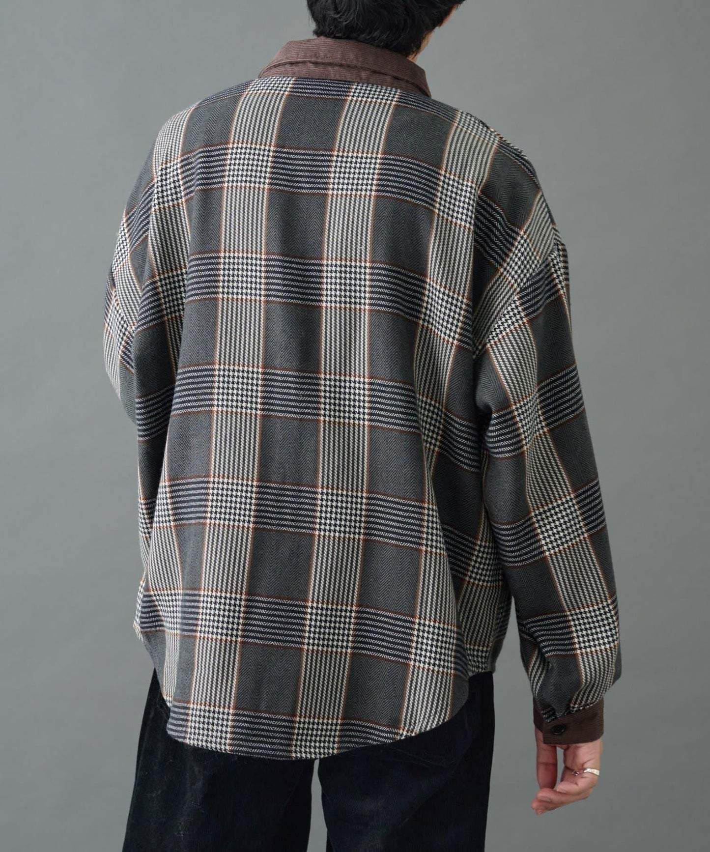 先染格子袖部褶皺寬鬆襯衫