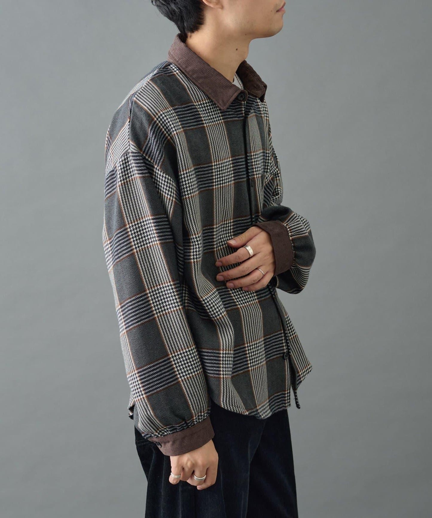 先染格子袖部褶皺寬鬆襯衫