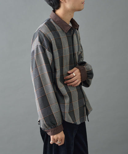 先染格子袖部褶皺寬鬆襯衫