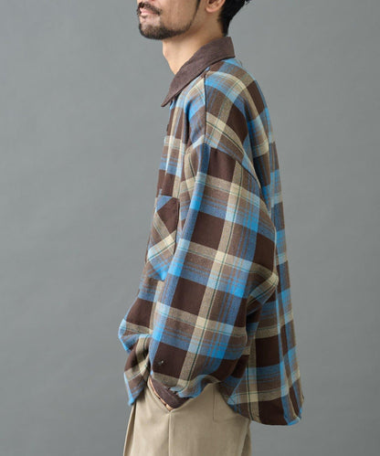 先染格子袖部褶皺寬鬆襯衫