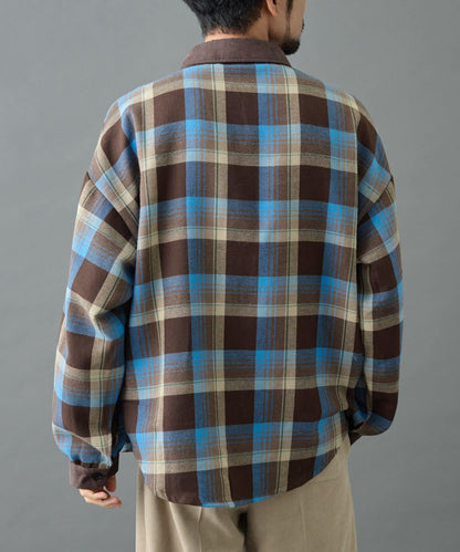 先染格子袖部褶皺寬鬆襯衫