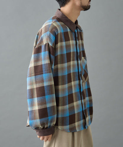 先染格子袖部褶皺寬鬆襯衫