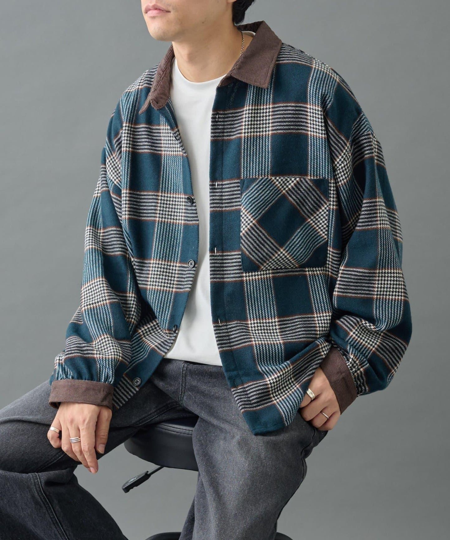 先染格子袖部褶皺寬鬆襯衫