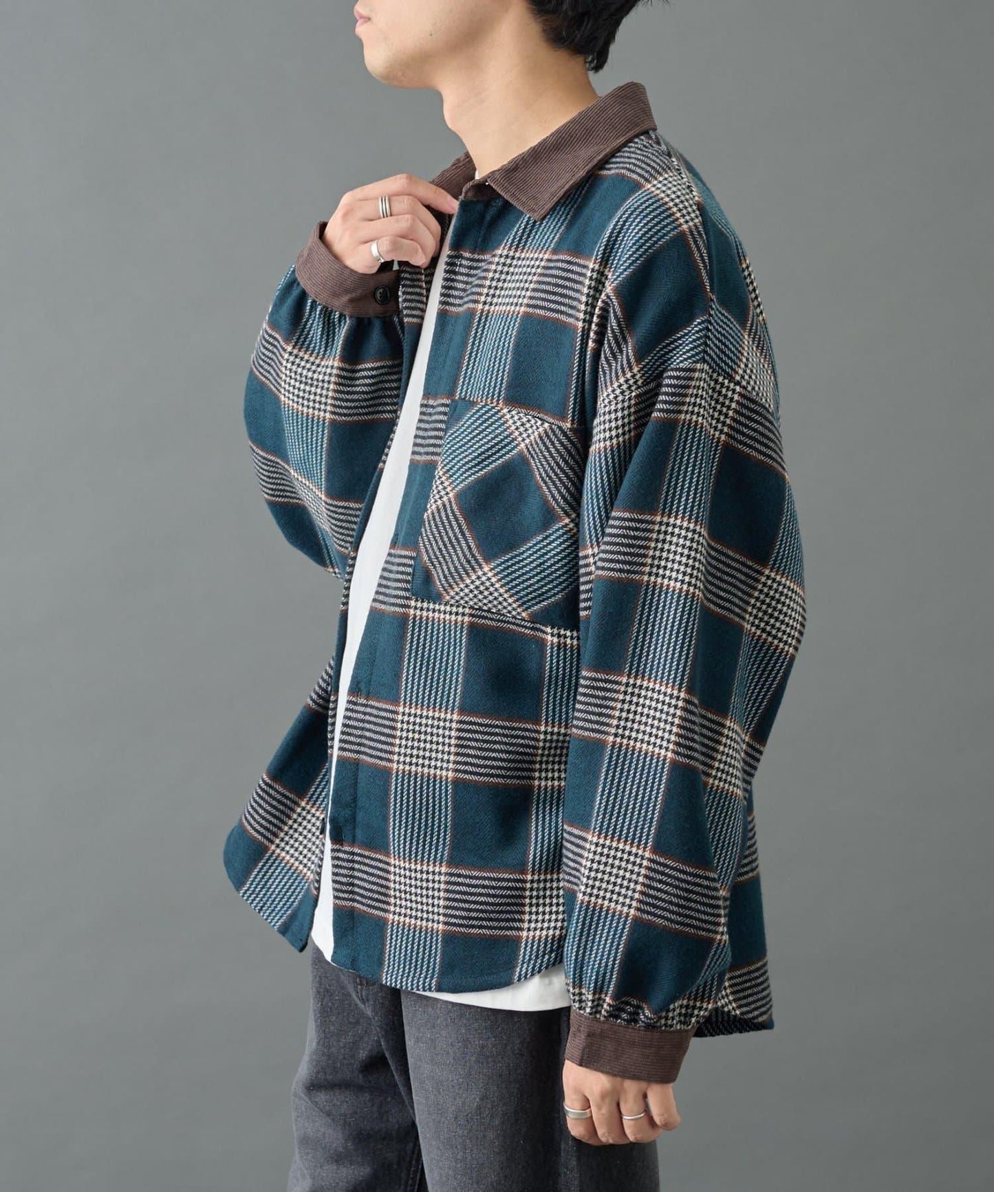 先染格子袖部褶皺寬鬆襯衫