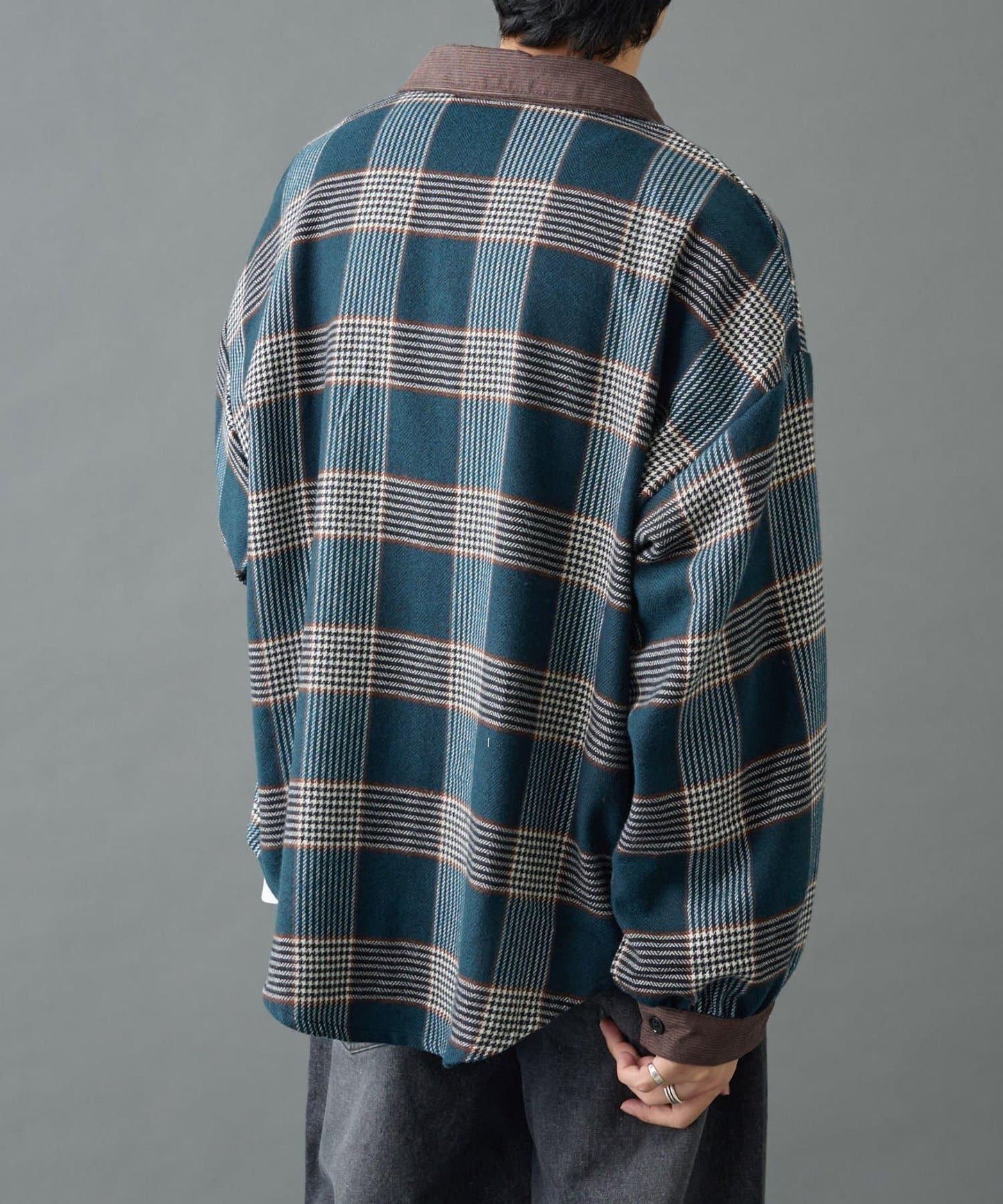 先染格子袖部褶皺寬鬆襯衫