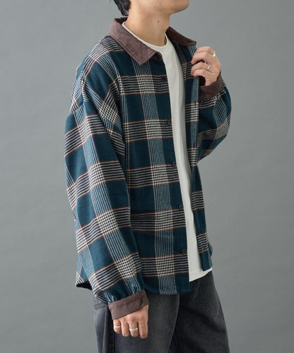 先染格子袖部褶皺寬鬆襯衫