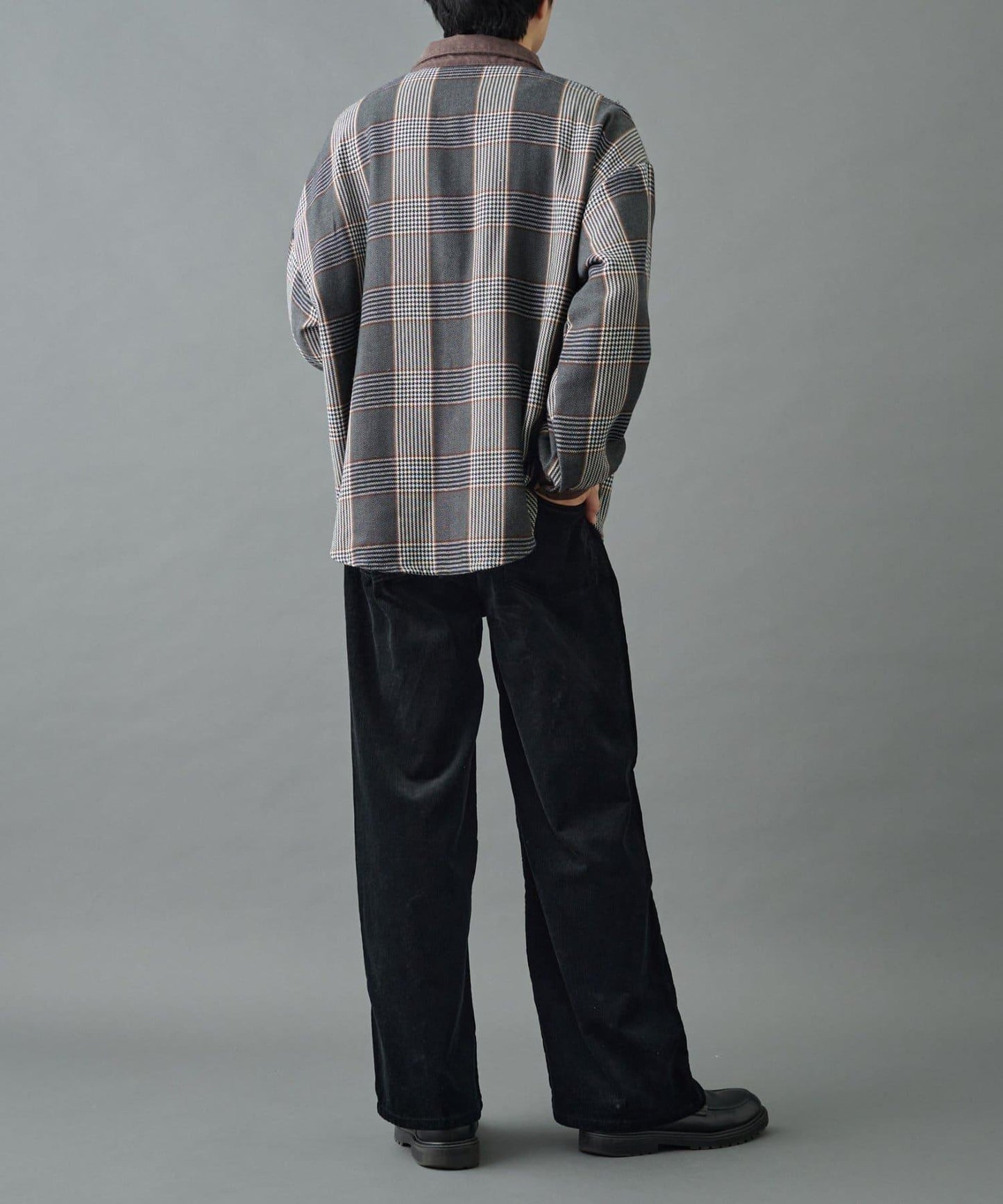 先染格子袖部褶皺寬鬆襯衫