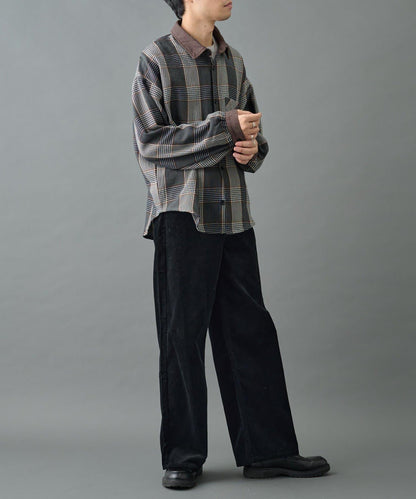 先染格子袖部褶皺寬鬆襯衫