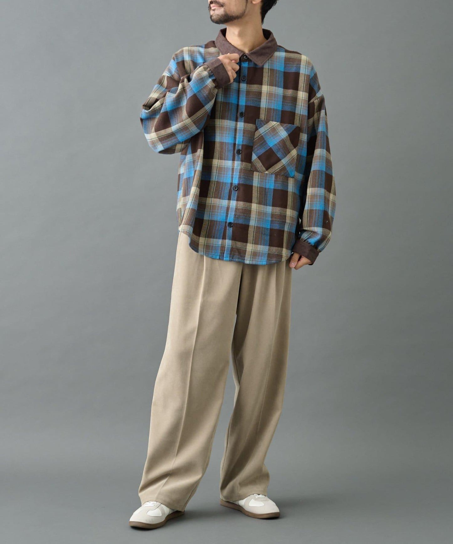 先染格子袖部褶皺寬鬆襯衫