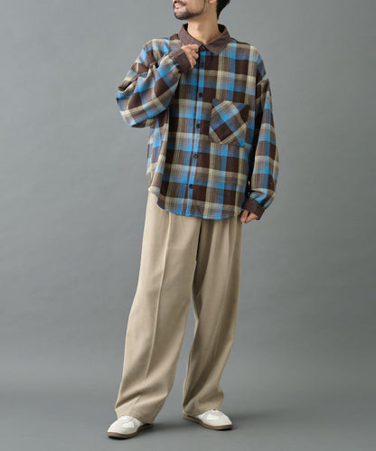 先染格子袖部褶皺寬鬆襯衫