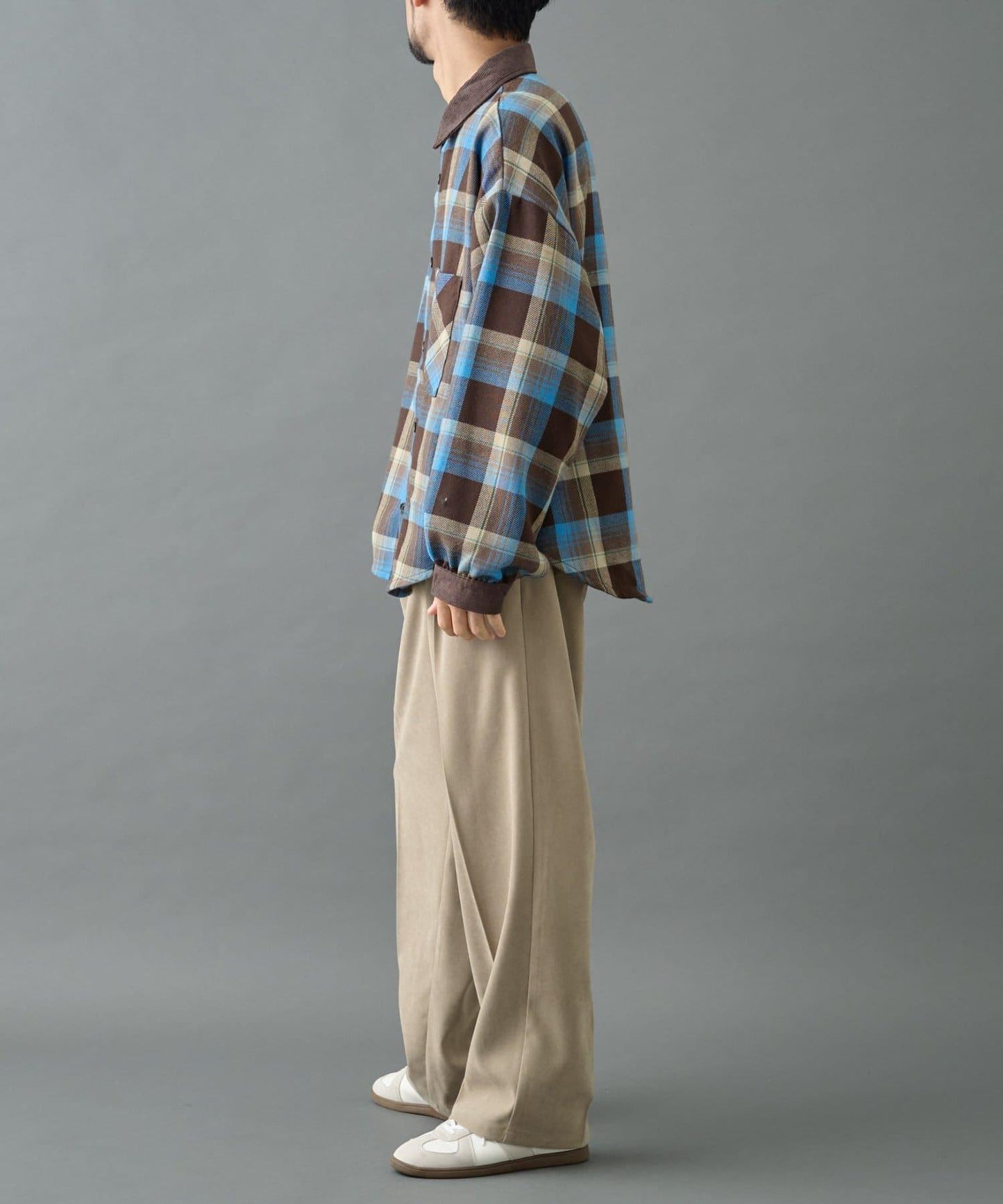 先染格子袖部褶皺寬鬆襯衫