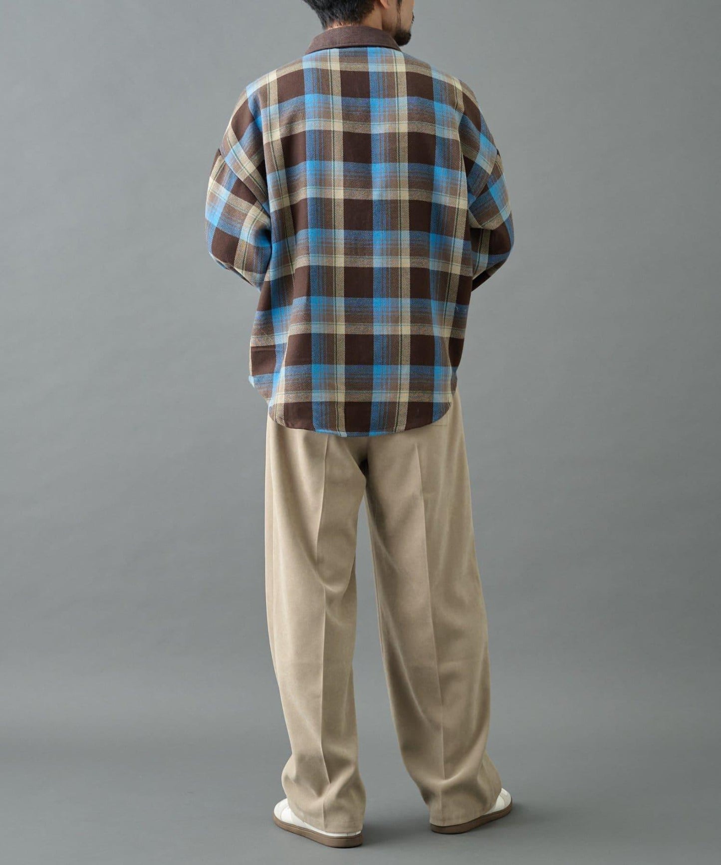 先染格子袖部褶皺寬鬆襯衫