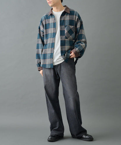 先染格子袖部褶皺寬鬆襯衫