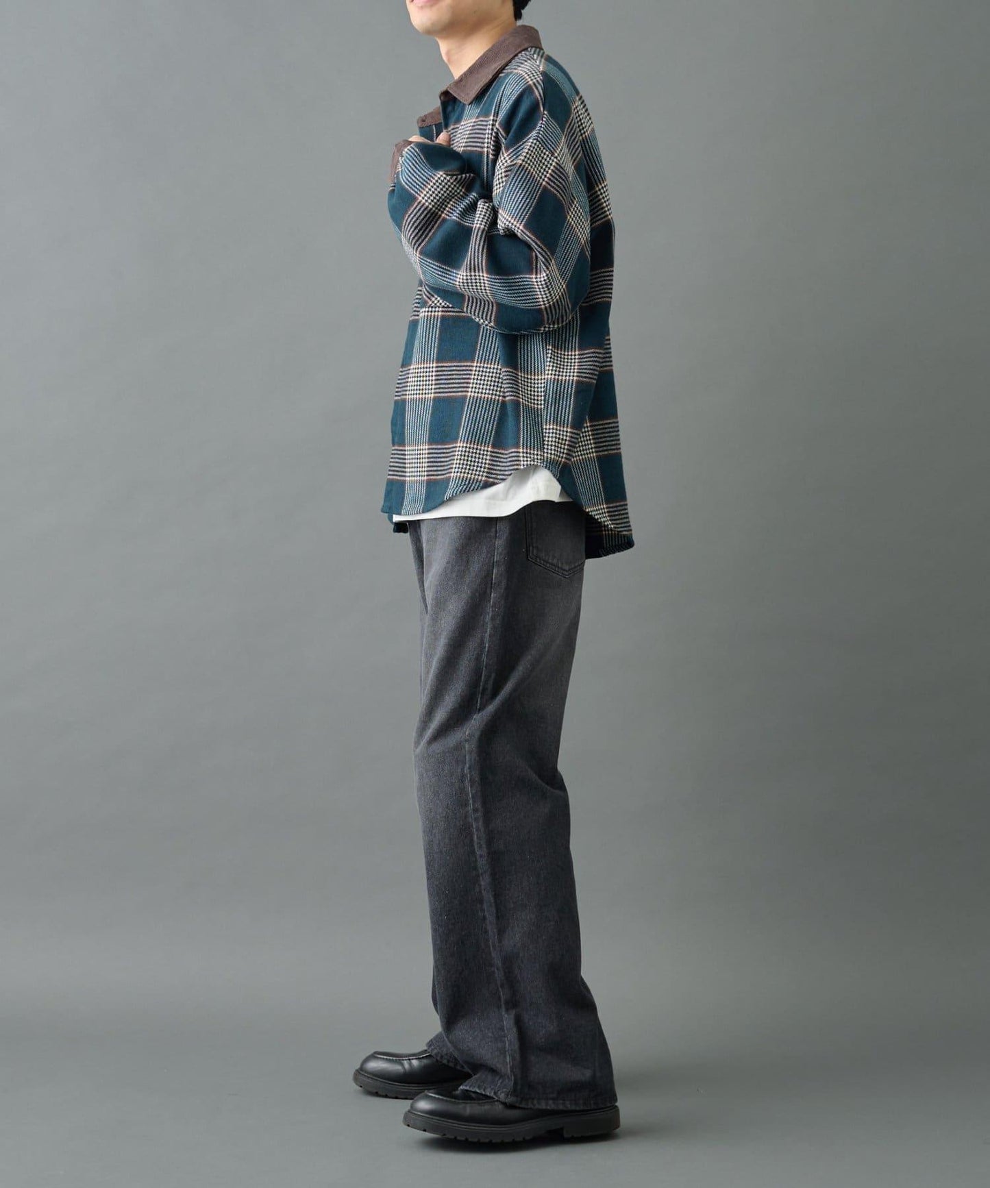 先染格子袖部褶皺寬鬆襯衫