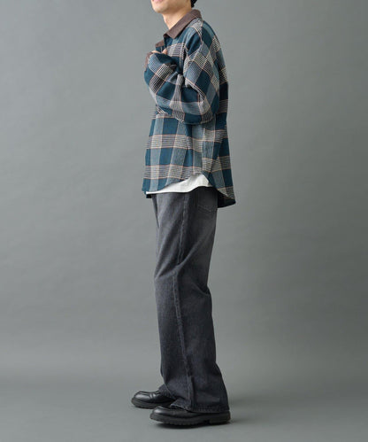 先染格子袖部褶皺寬鬆襯衫