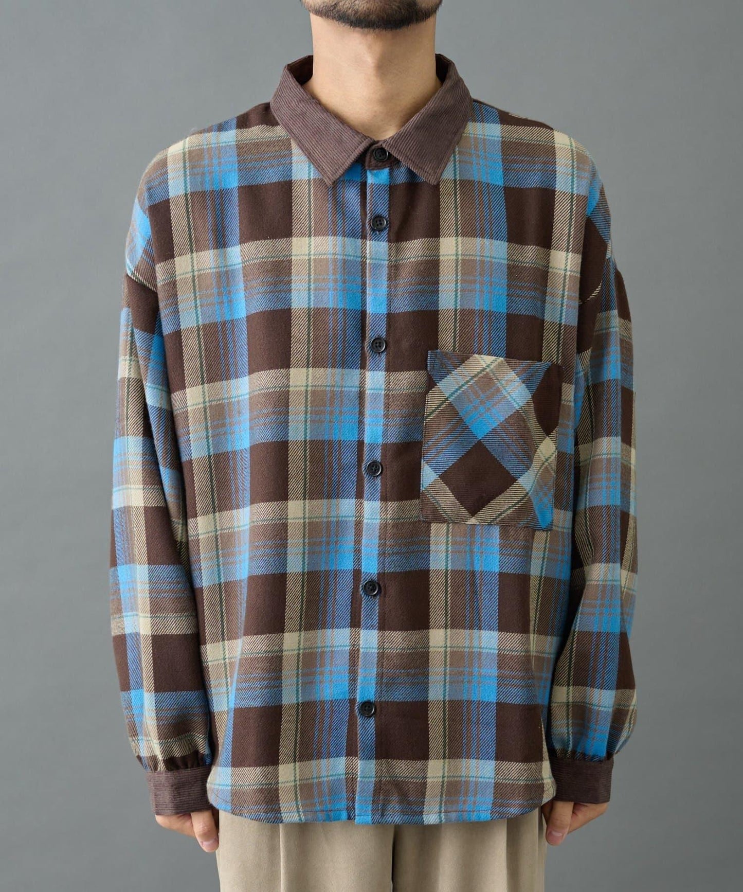 先染格子袖部褶皺寬鬆襯衫