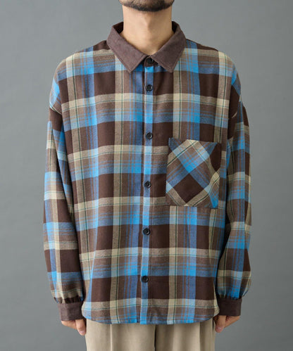 先染格子袖部褶皺寬鬆襯衫